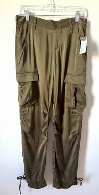 Joie Silk Cargo Button Fly Utility Chic Joggers Pants Olive Green Size 28 NEW